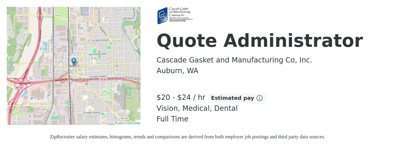 Cascade Gasket and Manufacturing Co, Inc. job posting for a Quote Administrator in Auburn, WA with a salary of $21 to $25 Hourly and benefits including medical, retirement, vision, dental, and life_insurance with a map of Auburn location.