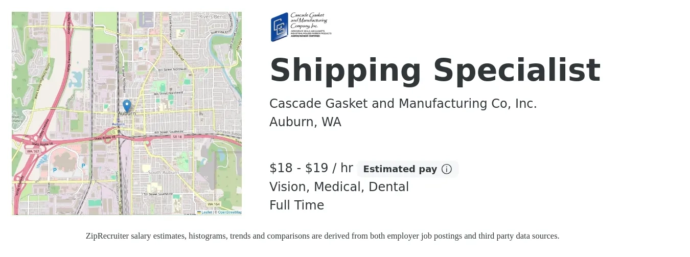 Cascade Gasket and Manufacturing Co, Inc. job posting for a Shipping Specialist in Auburn, WA with a salary of $19 to $20 Hourly and benefits including dental, life_insurance, medical, retirement, and vision with a map of Auburn location.