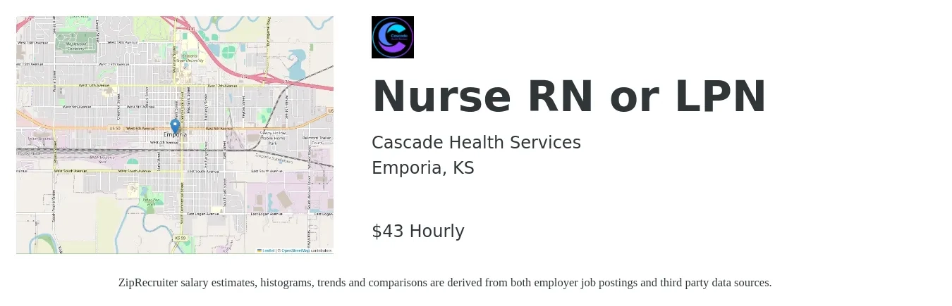 Cascade Health Services job posting for a Nurse RN or LPN in Emporia, KS with a salary of $46 Hourly with a map of Emporia location.