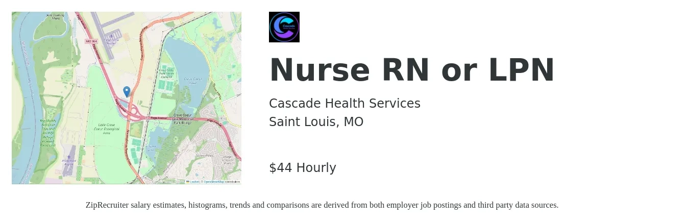 Cascade Health Services job posting for a Nurse RN or LPN in Saint Louis, MO with a salary of $46 Hourly with a map of Saint Louis location.