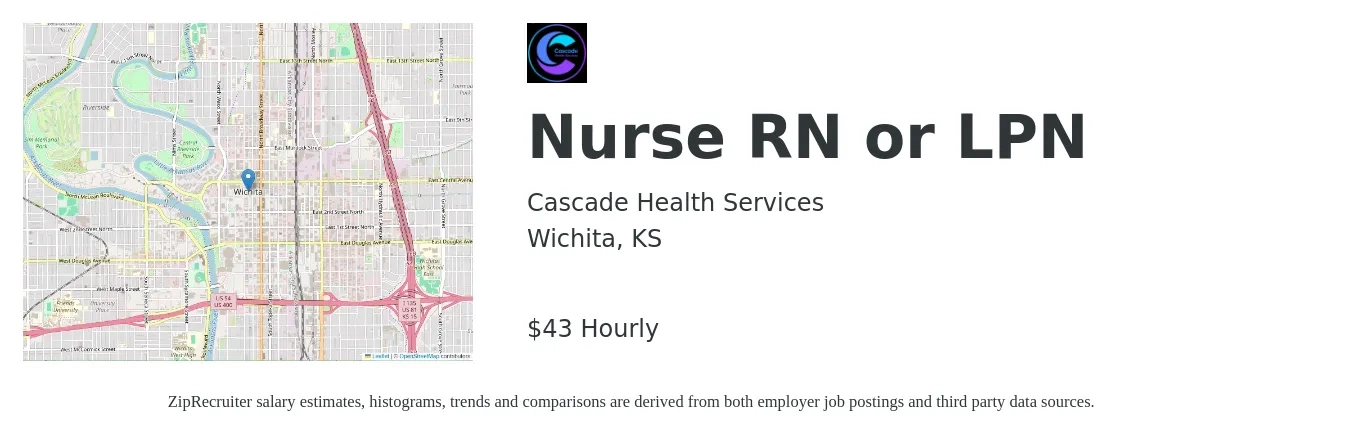 Cascade Health Services job posting for a Nurse RN or LPN in Wichita, KS with a salary of $46 Hourly with a map of Wichita location.