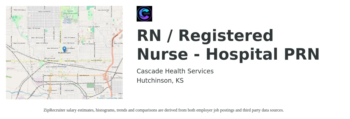Cascade Health Services job posting for a RN / Registered Nurse - Hospital PRN in Hutchinson, KS with a salary of $25,000 Monthly with a map of Hutchinson location.