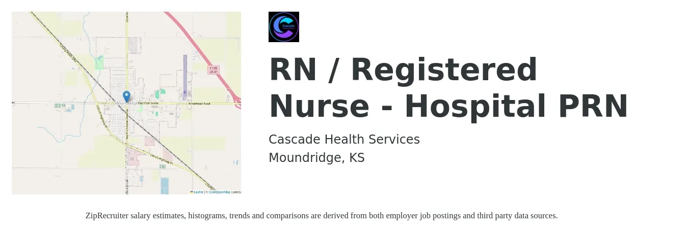 Cascade Health Services job posting for a RN / Registered Nurse - Hospital PRN in Moundridge, KS with a salary of $25,000 Monthly with a map of Moundridge location.