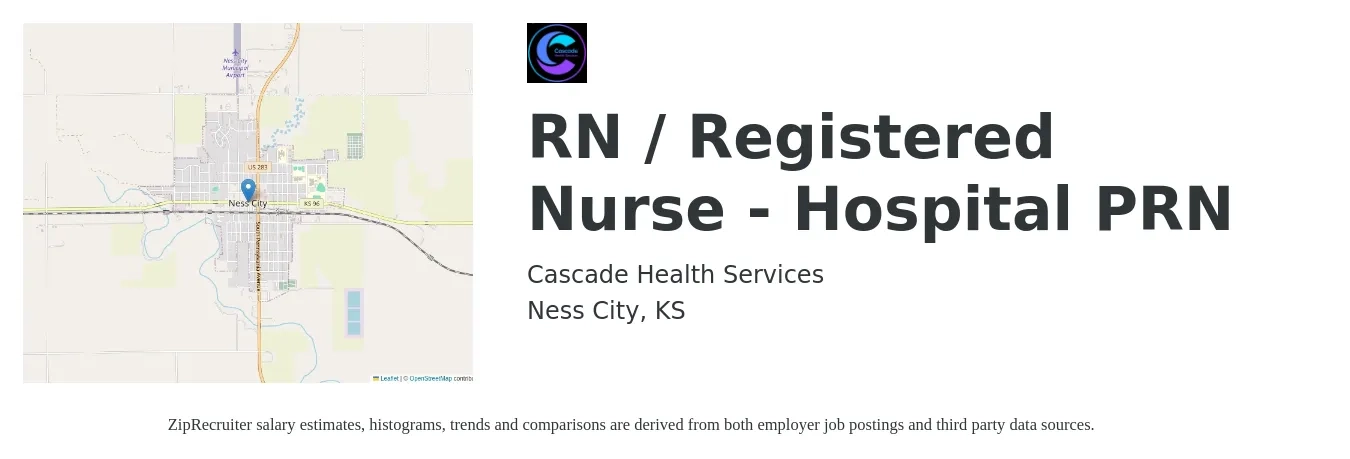 Cascade Health Services job posting for a RN / Registered Nurse - Hospital PRN in Ness City, KS with a salary of $25,000 Monthly with a map of Ness City location.