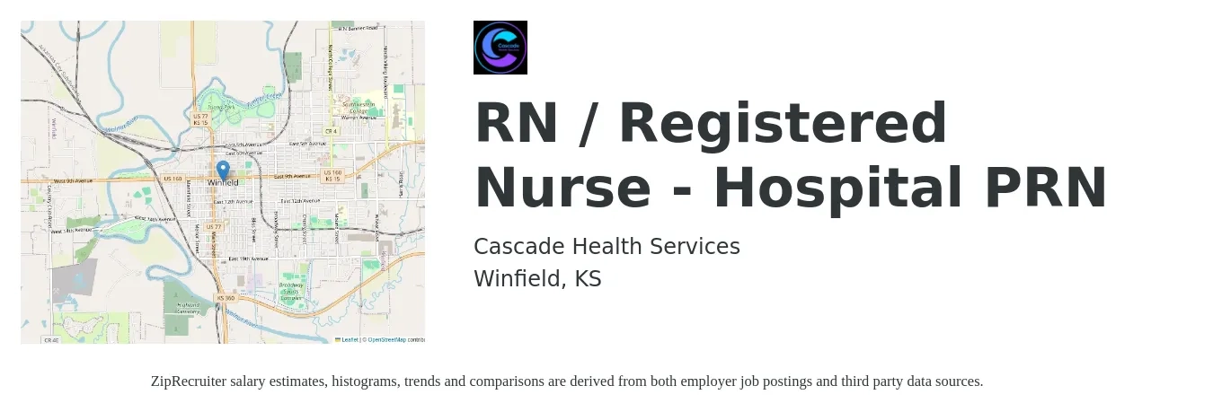 Cascade Health Services job posting for a RN / Registered Nurse - Hospital PRN in Winfield, KS with a salary of $25,000 Monthly with a map of Winfield location.
