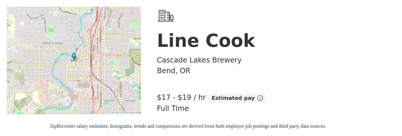 Cascade Lakes Brewery job posting for a Line Cook in Bend, OR with a salary of $18 to $20 Hourly with a map of Bend location.