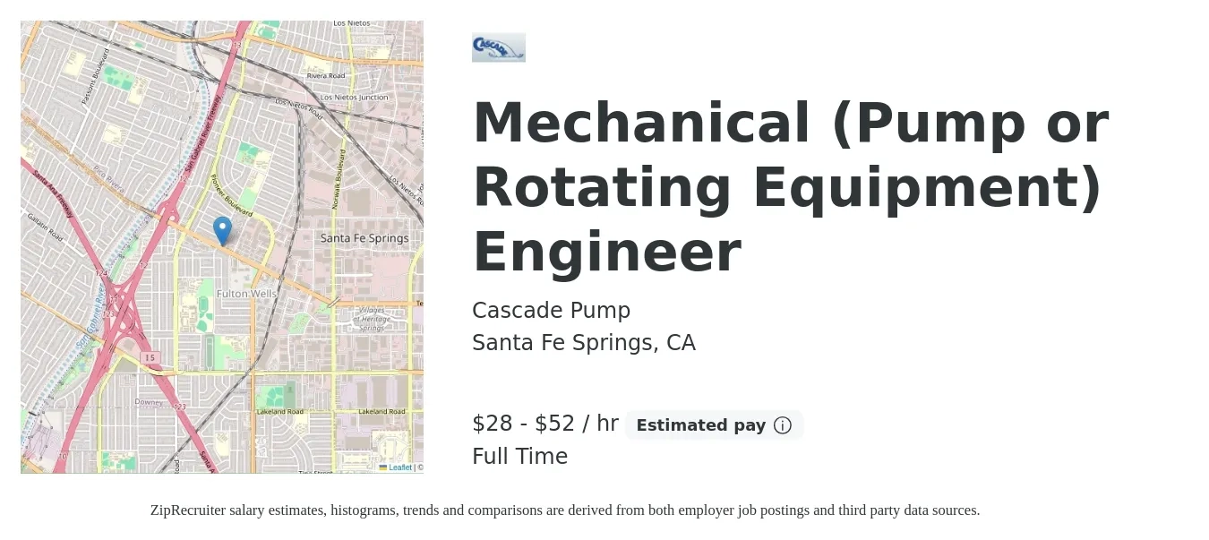 Cascade Pump job posting for a Mechanical (Pump or Rotating Equipment) Engineer in Santa Fe Springs, CA with a salary of $30 to $55 Hourly with a map of Santa Fe Springs location.