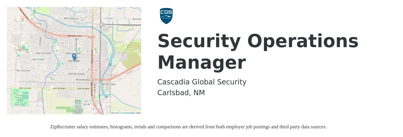 Cascadia Global Security job posting for a Security Operations Manager in Carlsbad, NM with a salary of $43,800 to $84,700 Yearly with a map of Carlsbad location.