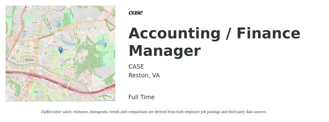 CASE job posting for a Accounting / Finance Manager in Reston, VA with a salary of $81,100 to $116,500 Yearly with a map of Reston location.