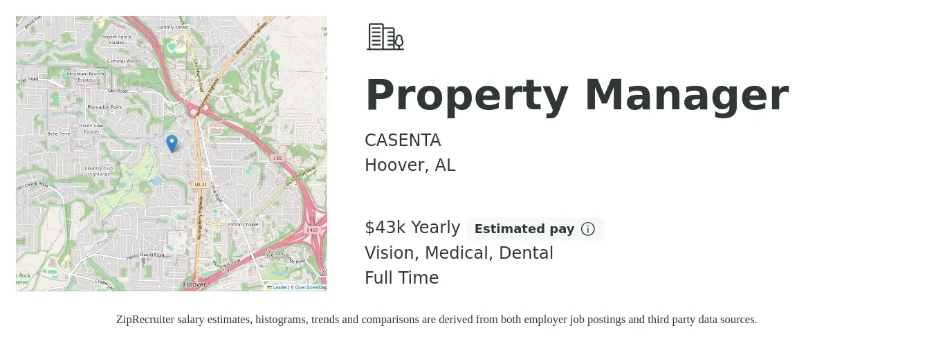 CASENTA job posting for a Property Manager in Hoover, AL with a salary of $43,680 Yearly and benefits including dental, life_insurance, medical, pto, and vision with a map of Hoover location.