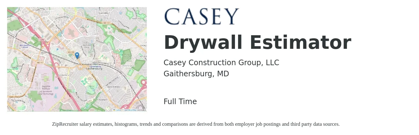 Casey Construction Group, LLC job posting for a Drywall Estimator in Gaithersburg, MD with a salary of $67,600 to $107,900 Yearly with a map of Gaithersburg location.