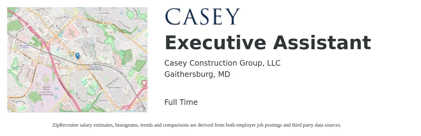 Casey Construction Group, LLC job posting for a Executive Assistant in Gaithersburg, MD with a salary of $54,500 to $81,700 Yearly with a map of Gaithersburg location.