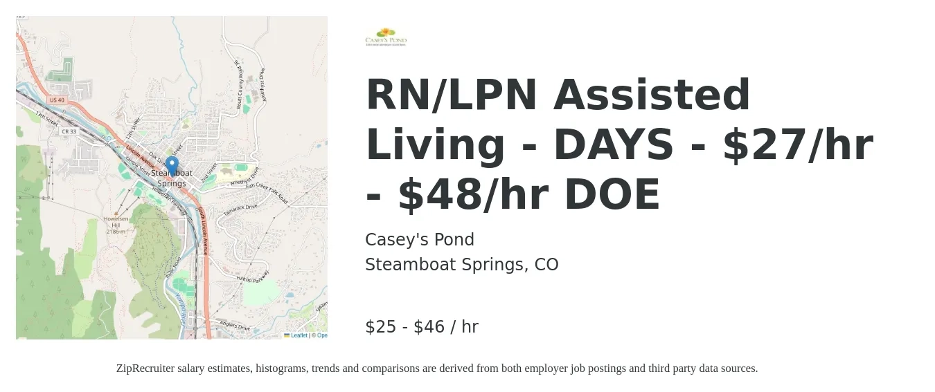 Casey's Pond job posting for a RN/LPN Assisted Living - DAYS - $27/hr - $48/hr DOE in Steamboat Springs, CO with a salary of $27 to $48 Hourly with a map of Steamboat Springs location.