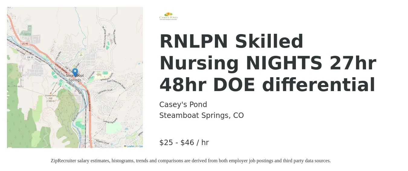 Casey's Pond job posting for a RN/LPN Skilled Nursing - NIGHTS - $27/hr - $48/hr DOE + differential in Steamboat Springs, CO with a salary of $27 to $48 Hourly with a map of Steamboat Springs location.