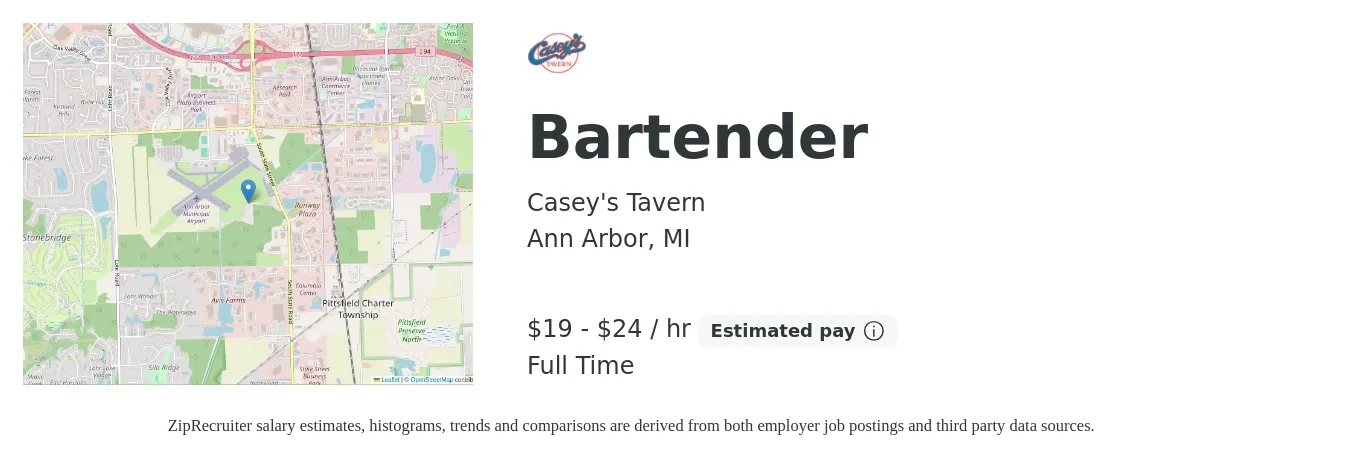 Casey's Tavern job posting for a Bartender in Ann Arbor, MI with a salary of $20 to $25 Hourly with a map of Ann Arbor location.