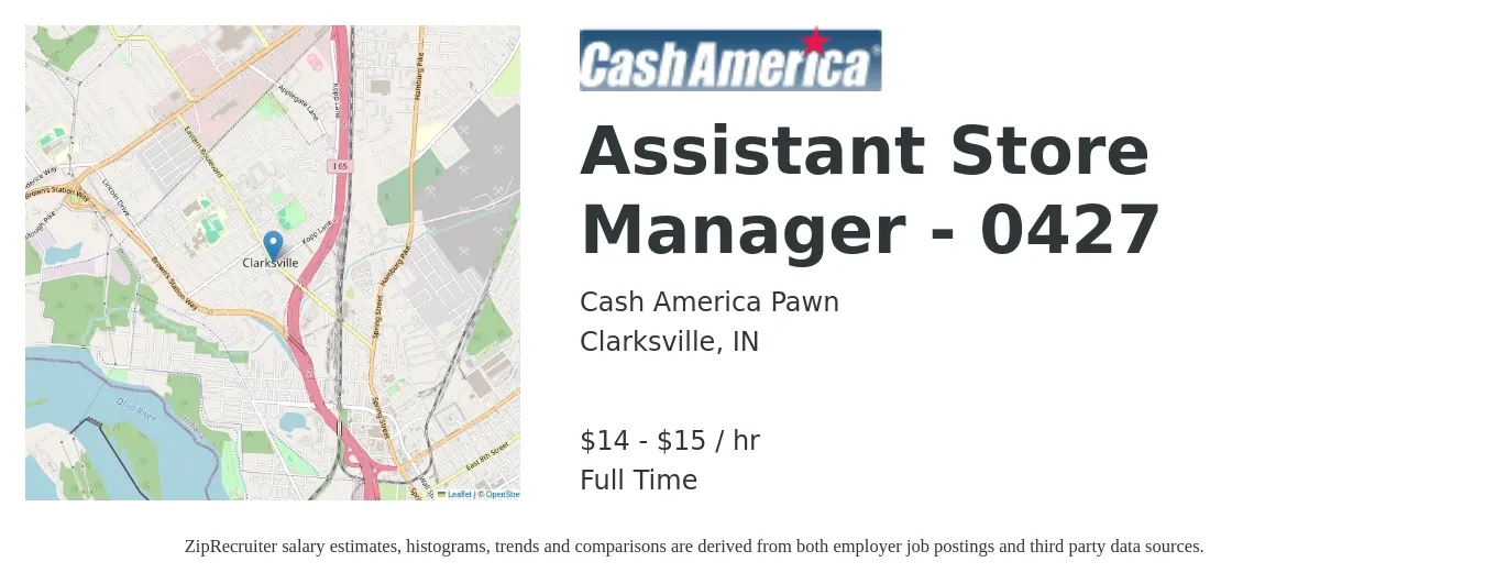 Cash America Pawn job posting for a Assistant Store Manager - 0427 in Clarksville, IN with a salary of $15 to $16 Hourly with a map of Clarksville location.