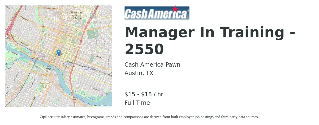 Cash America Pawn job posting for a Manager In Training - 2550 in Austin, TX with a salary of $16 to $19 Hourly with a map of Austin location.