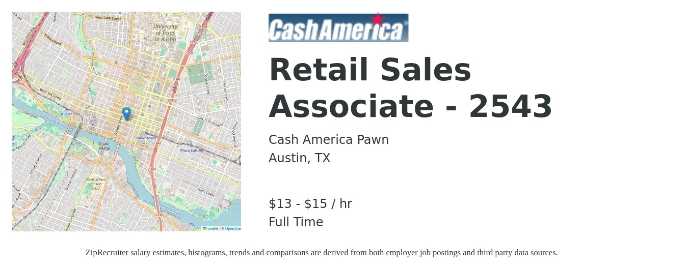 Cash America Pawn job posting for a Retail Sales Associate - 2543 in Austin, TX with a salary of $14 to $16 Hourly with a map of Austin location.