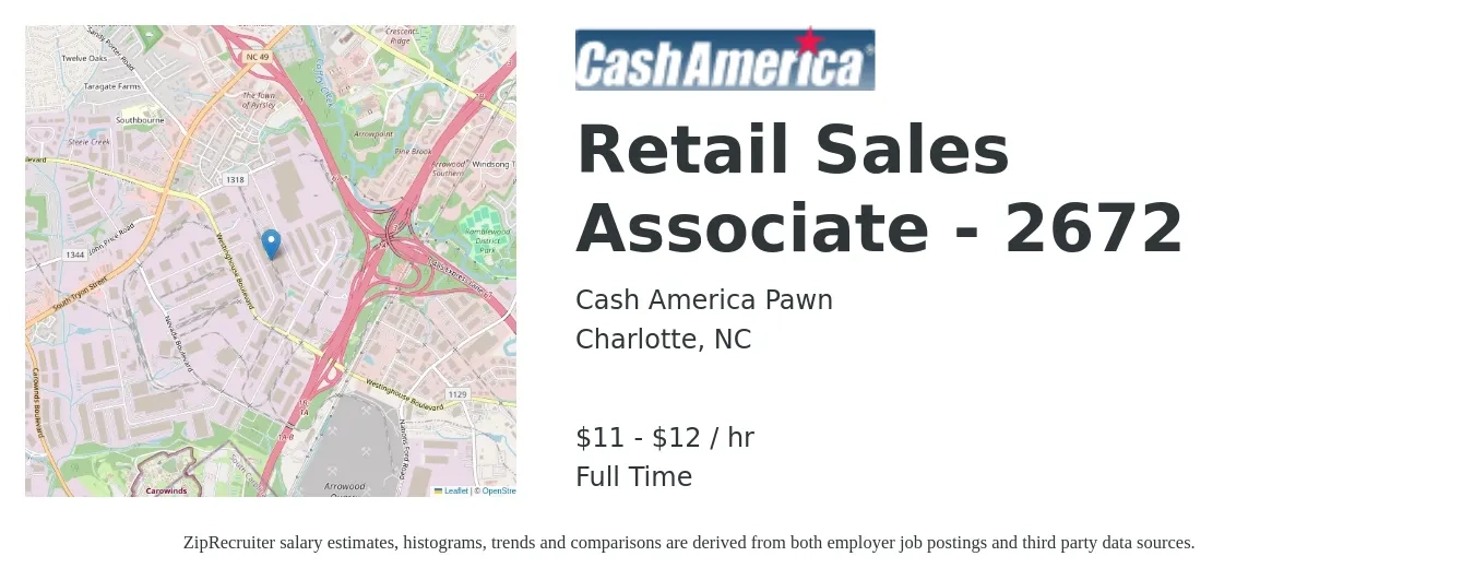 Cash America Pawn job posting for a Retail Sales Associate - 2672 in Charlotte, NC with a salary of $12 to $13 Hourly with a map of Charlotte location.