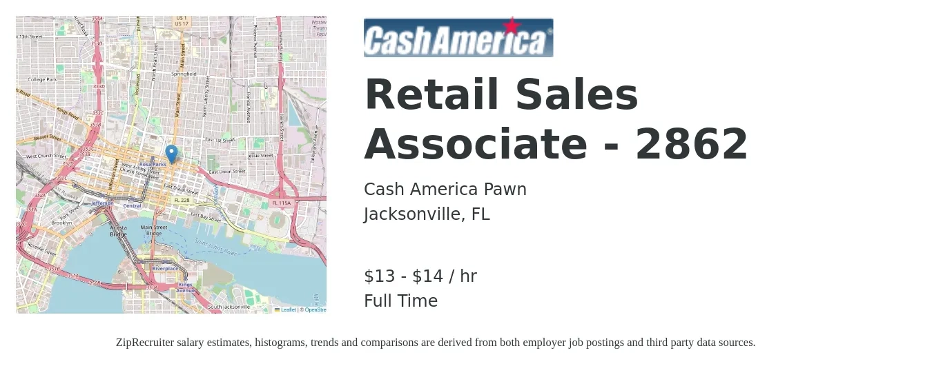 Cash America Pawn job posting for a Retail Sales Associate - 2862 in Jacksonville, FL with a salary of $14 to $16 Hourly with a map of Jacksonville location.