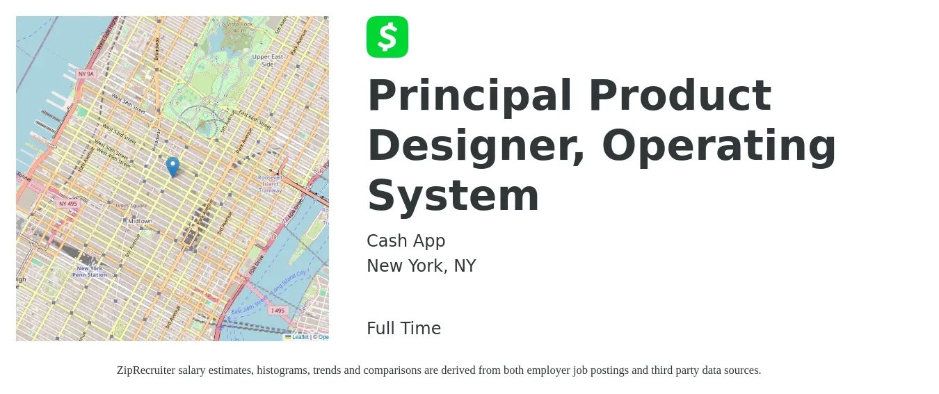 Cash App job posting for a Principal Product Designer, Operating System in New York, NY with a salary of $228,700 to $343,100 Yearly with a map of New York location.