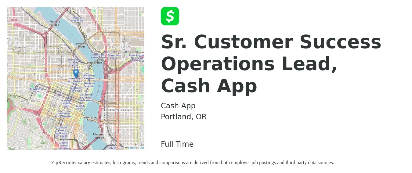 Cash App job posting for a Sr. Customer Success Operations Lead, Cash App in Portland, OR with a salary of $77,400 to $128,900 Yearly with a map of Portland location.