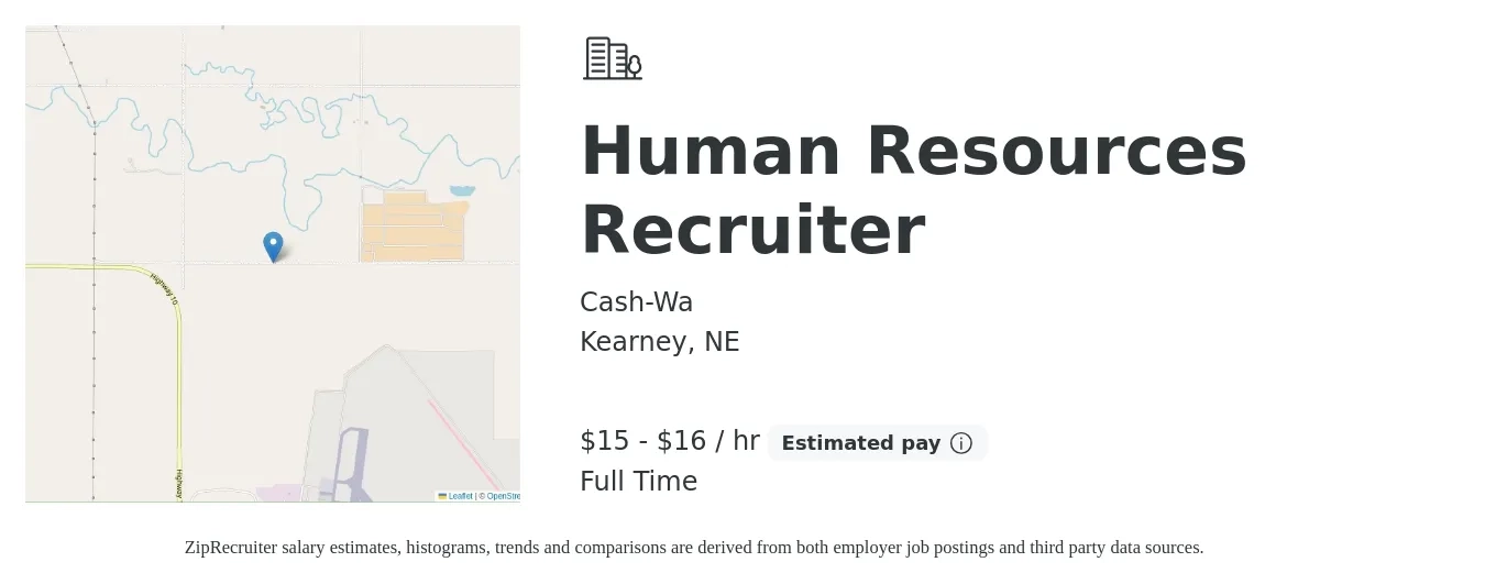 Cash-Wa job posting for a Human Resources Recruiter in Kearney, NE with a salary of $16 to $17 Hourly with a map of Kearney location.