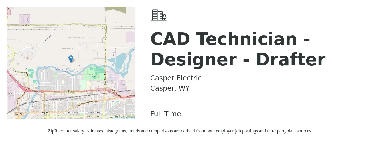 Casper Electric job posting for a CAD Technician - Designer - Drafter in Casper, WY with a salary of $21 to $31 Hourly with a map of Casper location.