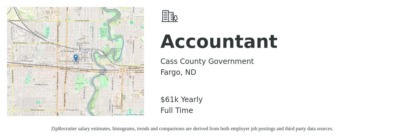 Cass County Government job posting for a Accountant in Fargo, ND with a salary of $61,083 Yearly with a map of Fargo location.