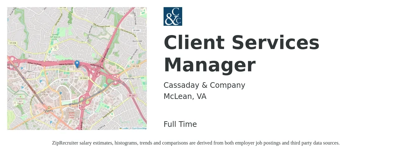 Cassaday & Company job posting for a Client Services Manager in McLean, VA with a salary of $50,500 to $83,900 Yearly with a map of McLean location.