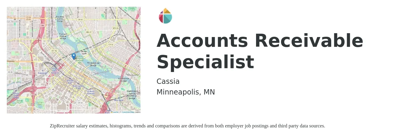 Cassia job posting for a Accounts Receivable Specialist in Minneapolis, MN with a salary of $21 to $28 Hourly with a map of Minneapolis location.