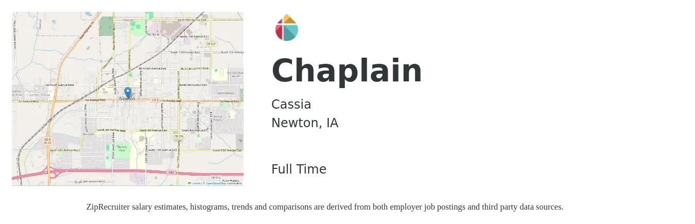 Cassia job posting for a Chaplain in Newton, IA with a salary of $44,600 to $73,600 Yearly with a map of Newton location.