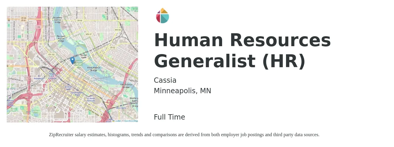 Cassia job posting for a Human Resources Generalist (HR) in Minneapolis, MN with a salary of $54,300 to $77,200 Yearly with a map of Minneapolis location.