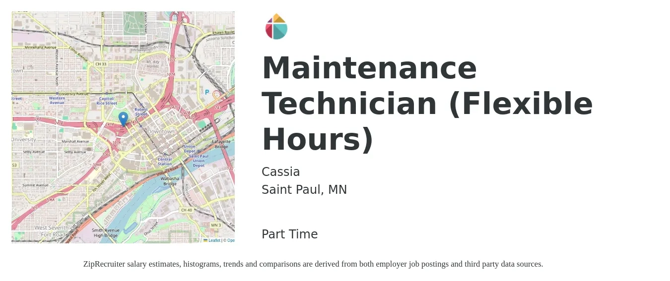 Cassia job posting for a Maintenance Technician (Flexible Hours) in Saint Paul, MN with a salary of $20 Hourly with a map of Saint Paul location.