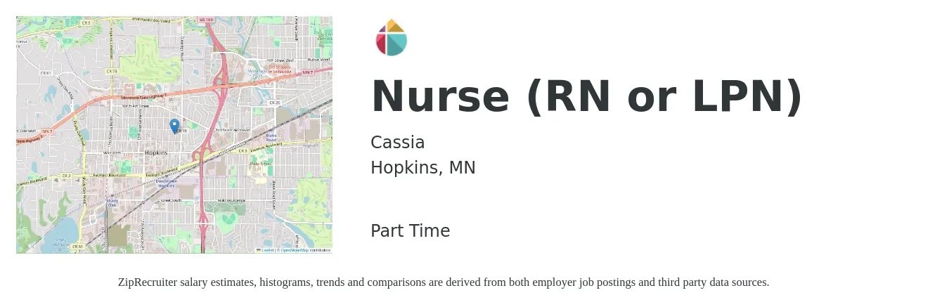 Cassia job posting for a Nurse (RN or LPN) in Hopkins, MN with a salary of $31 to $46 Hourly with a map of Hopkins location.