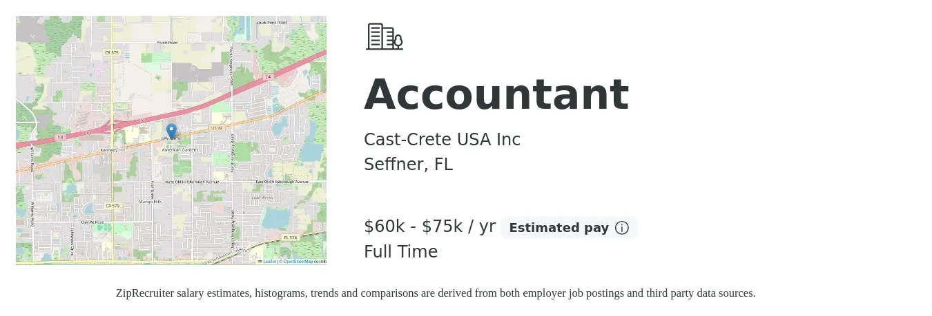 Cast-Crete USA Inc job posting for a Accountant in Seffner, FL with a salary of $60,000 to $75,000 Yearly with a map of Seffner location.