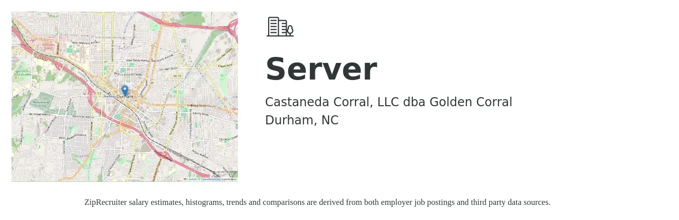Castaneda Corral, LLC dba Golden Corral job posting for a Server in Durham, NC with a salary of $10 to $17 Hourly with a map of Durham location.