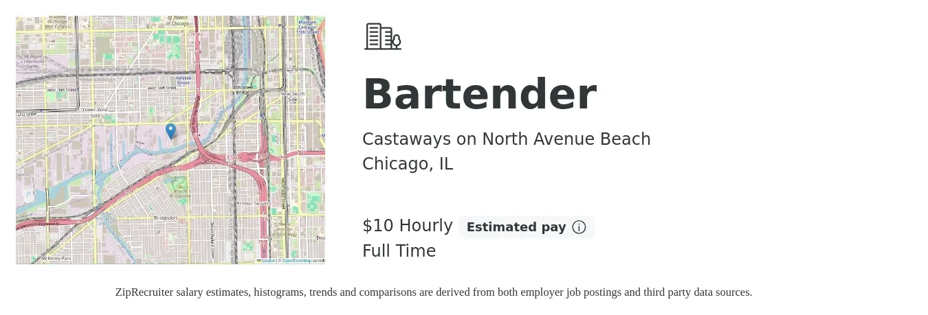 Castaways on North Avenue Beach job posting for a Bartender in Chicago, IL with a salary of $10 Hourly with a map of Chicago location.