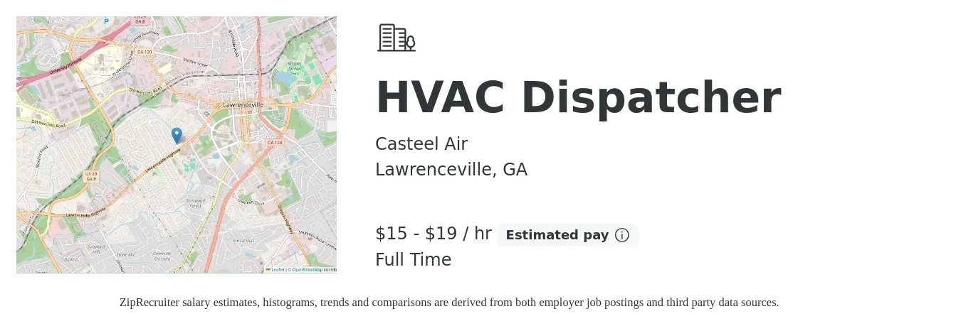 Casteel Air job posting for a HVAC Dispatcher in Lawrenceville, GA with a salary of $16 to $20 Hourly with a map of Lawrenceville location.