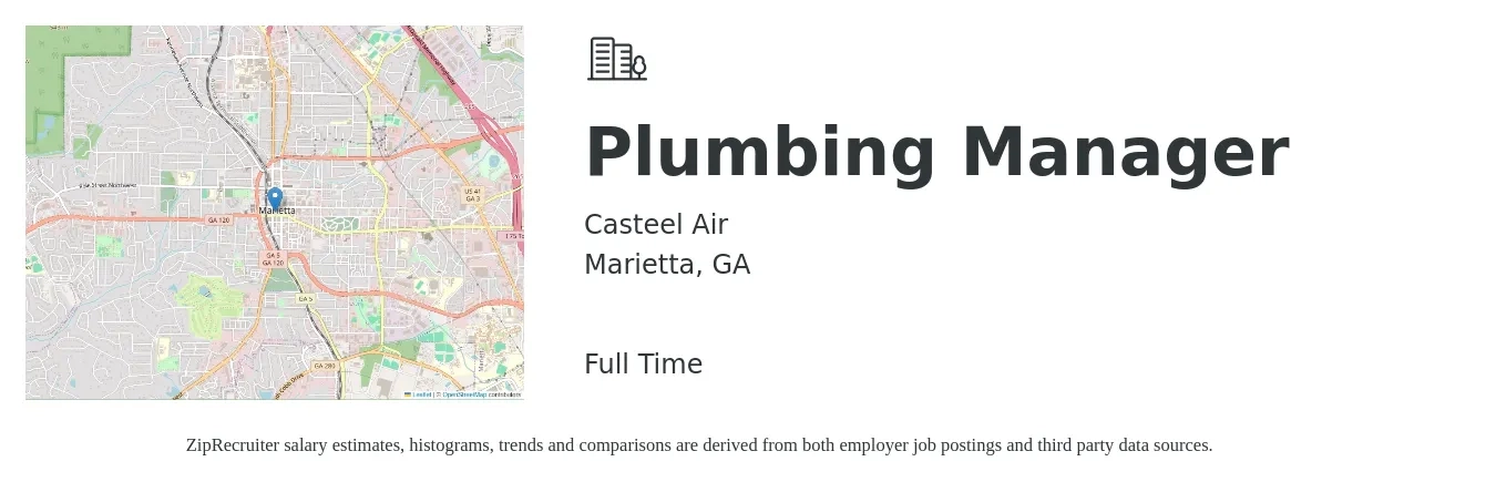 Casteel Air job posting for a Plumbing Manager in Marietta, GA with a salary of $80,000 to $100,000 Yearly with a map of Marietta location.