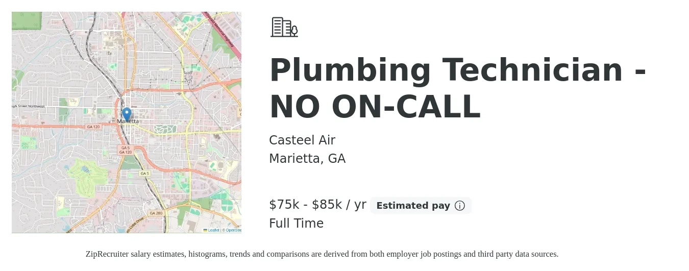 Casteel Air job posting for a Plumbing Technician - NO ON-CALL in Marietta, GA with a salary of $75,000 to $85,000 Yearly with a map of Marietta location.