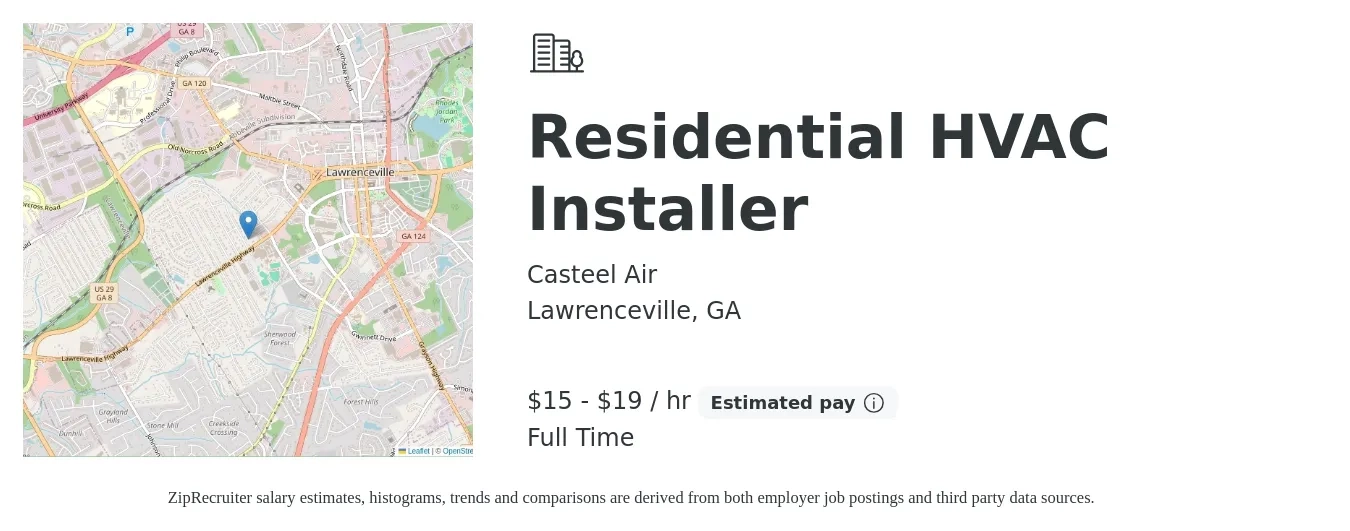Casteel Air job posting for a Residential HVAC Installer in Lawrenceville, GA with a salary of $16 to $20 Hourly with a map of Lawrenceville location.