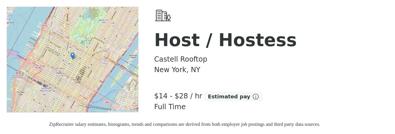 Castell Rooftop job posting for a Host / Hostess in New York, NY with a salary of $15 to $30 Hourly with a map of New York location.