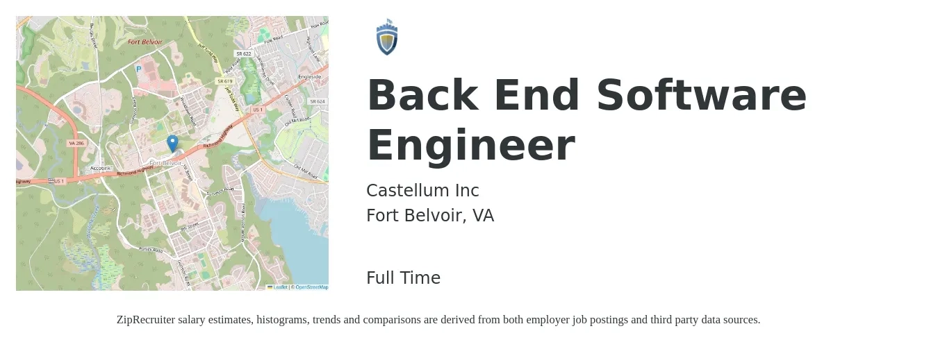 Castellum Inc job posting for a Back End Software Engineer in Fort Belvoir, VA with a salary of $140,200 to $194,500 Yearly with a map of Fort Belvoir location.
