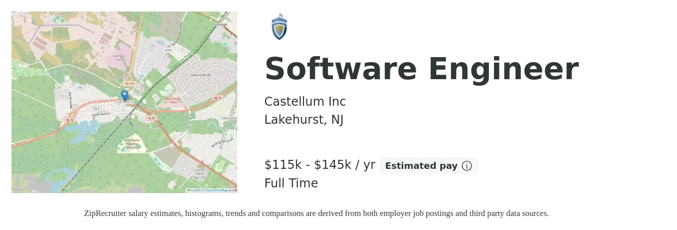 Castellum Inc job posting for a Software Engineer in Lakehurst, NJ with a salary of $115,000 to $145,000 Yearly with a map of Lakehurst location.