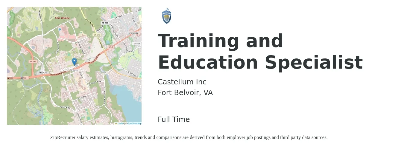 Castellum Inc job posting for a Training and Education Specialist in Fort Belvoir, VA with a salary of $64,500 to $93,900 Yearly with a map of Fort Belvoir location.