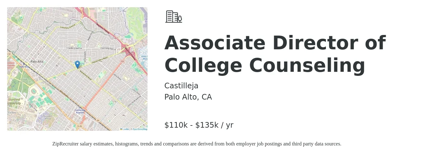 Castilleja job posting for a Associate Director of College Counseling in Palo Alto, CA with a salary of $110,000 to $135,000 Yearly with a map of Palo Alto location.
