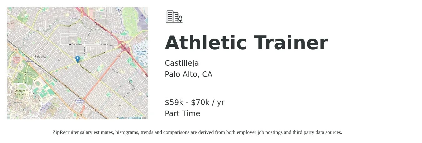 Castilleja job posting for a Athletic Trainer in Palo Alto, CA with a salary of $59,025 to $70,750 Yearly with a map of Palo Alto location.