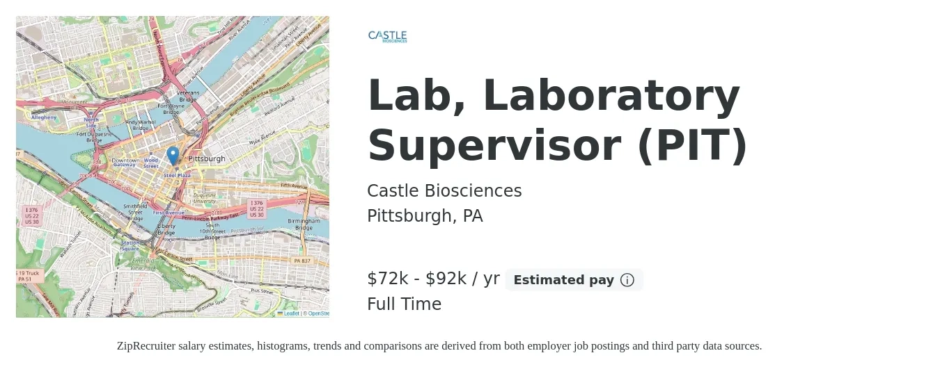 Castle Biosciences job posting for a Lab, Laboratory Supervisor (PIT) in Pittsburgh, PA with a salary of $72,500 to $92,500 Yearly with a map of Pittsburgh location.
