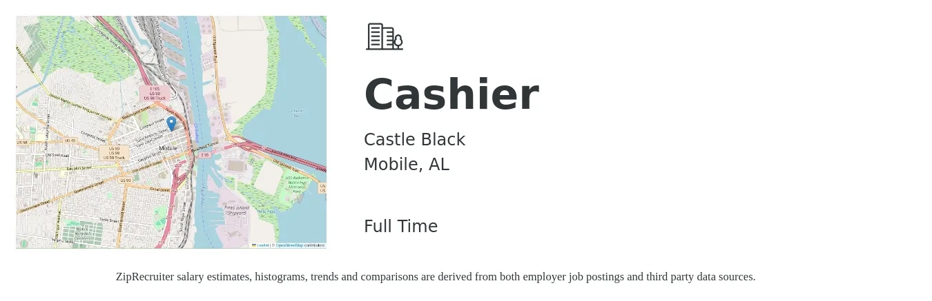 Castle Black job posting for a Cashier in Mobile, AL with a salary of $12 to $16 Hourly with a map of Mobile location.